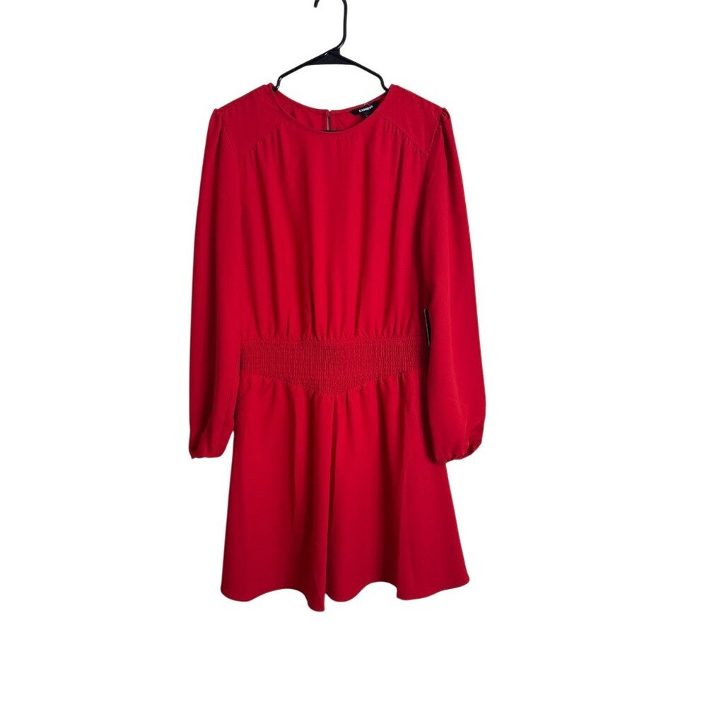 Express Dress Womens M Red Long Sleeve Smocked Waist Fit & Flare Mini